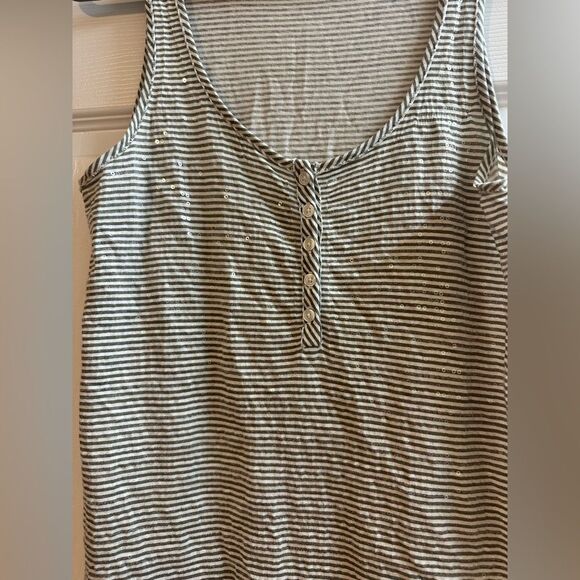 J. Crew Olive Green & White Striped Sleeveless Tank Top with Sequins and Buttons - Picture 5 of 9